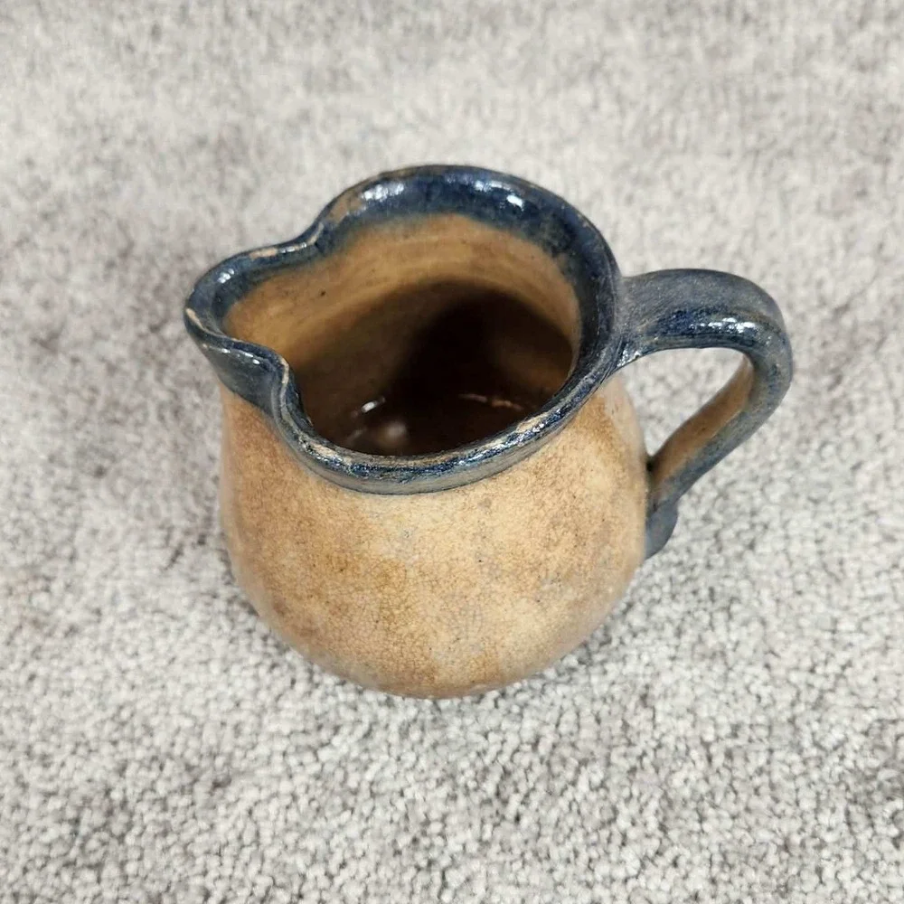 Studio Pottery Creamer Pitcher Tan Cobalt Blue‎ Rustic Farmhouse Small